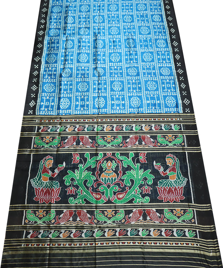 Cyan blue black silk handwoven khandua saree