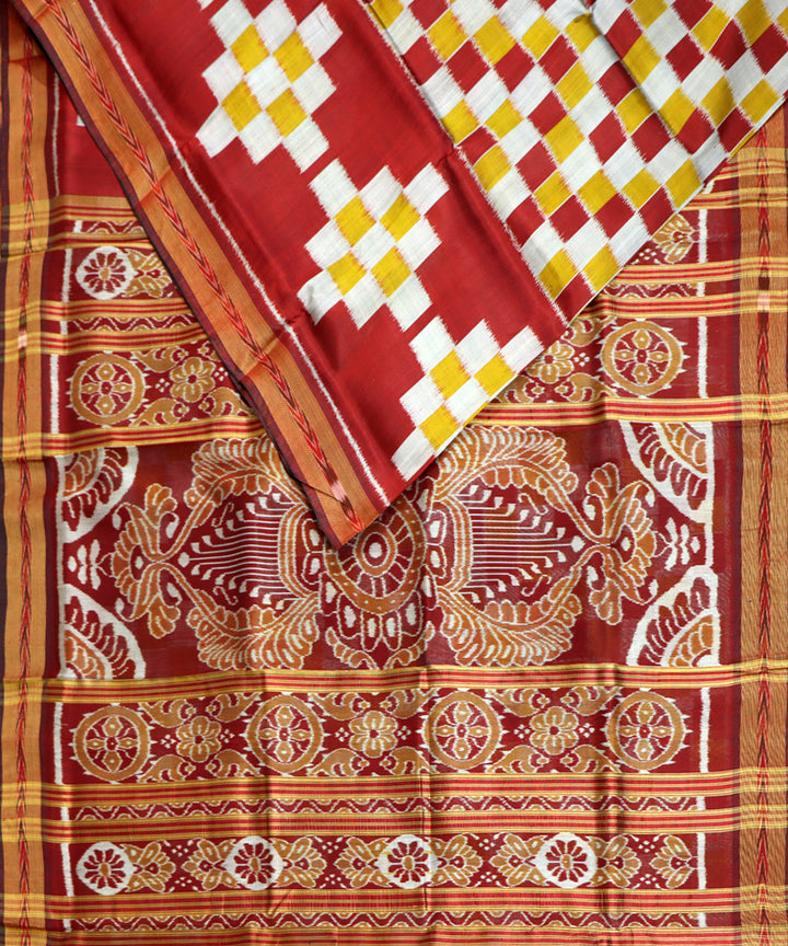 Maroon yellow silk handwoven khandua saree
