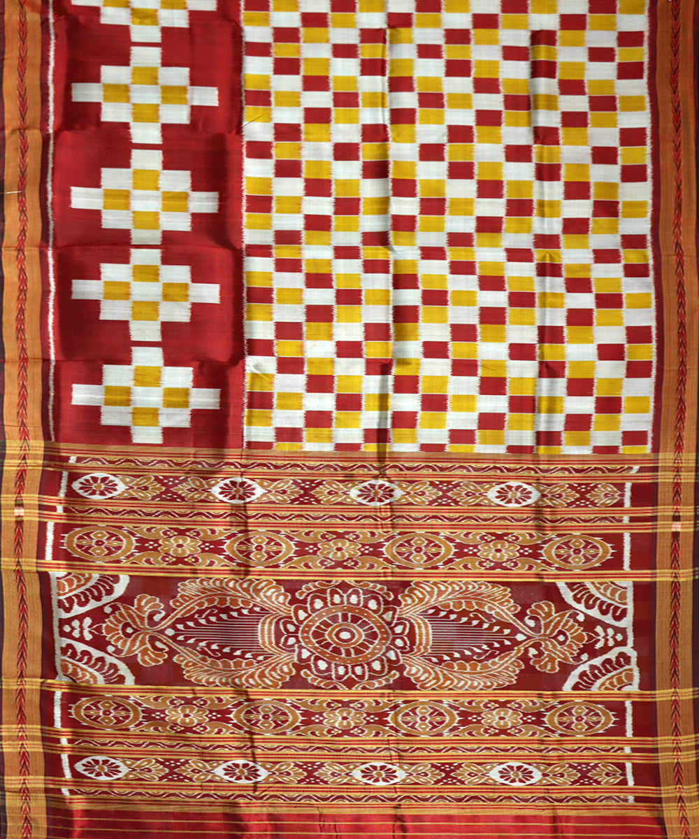 Maroon yellow silk handwoven khandua saree
