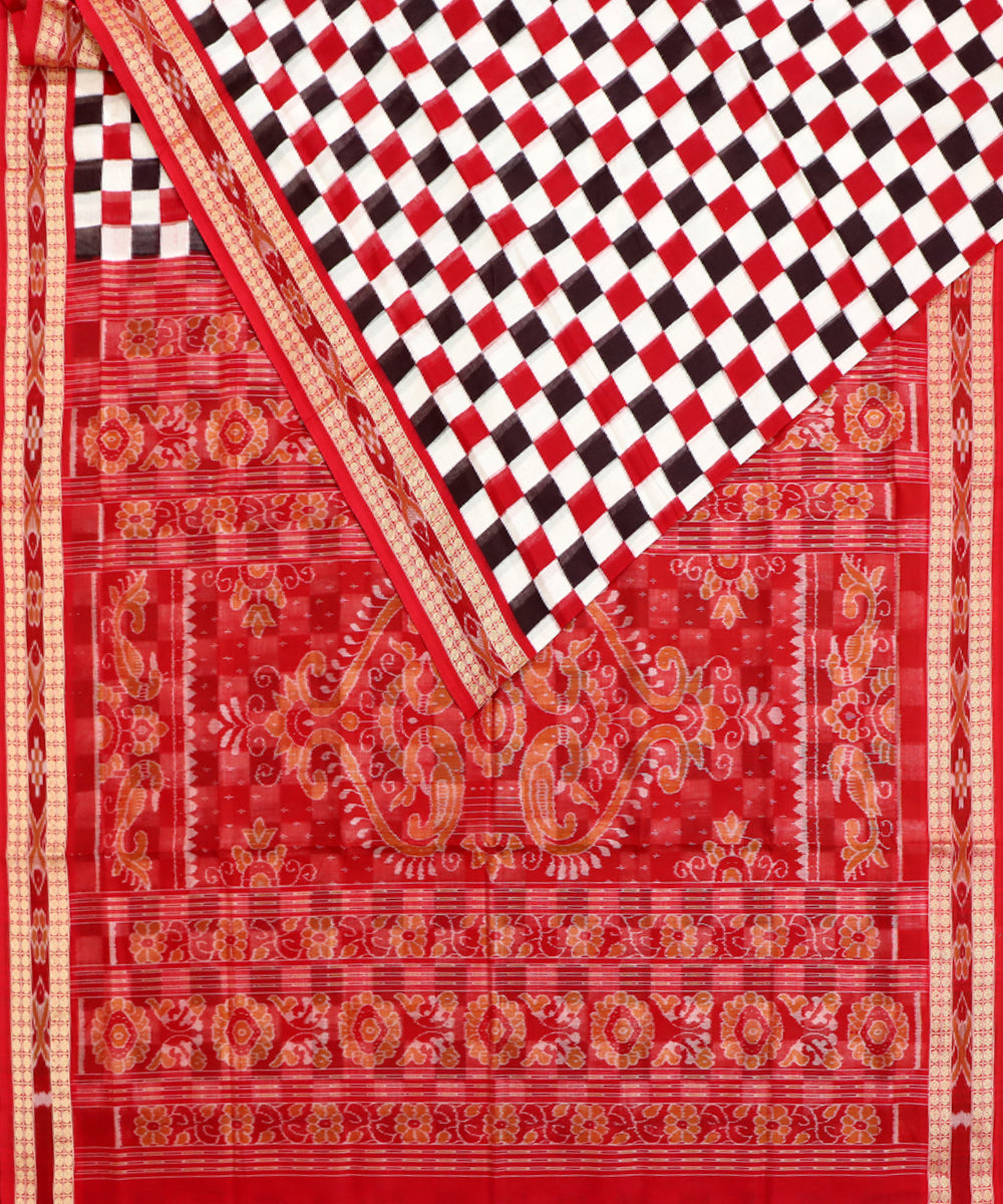 White red dark sienna cotton handwoven sambalpuri saree