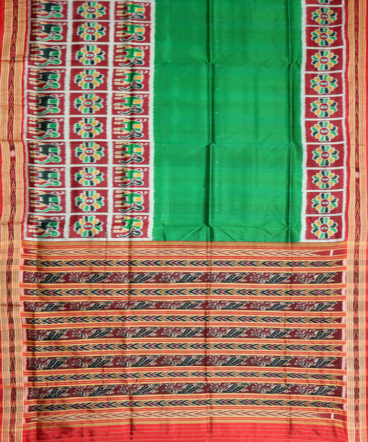 Dark green red silk handwoven khandua saree