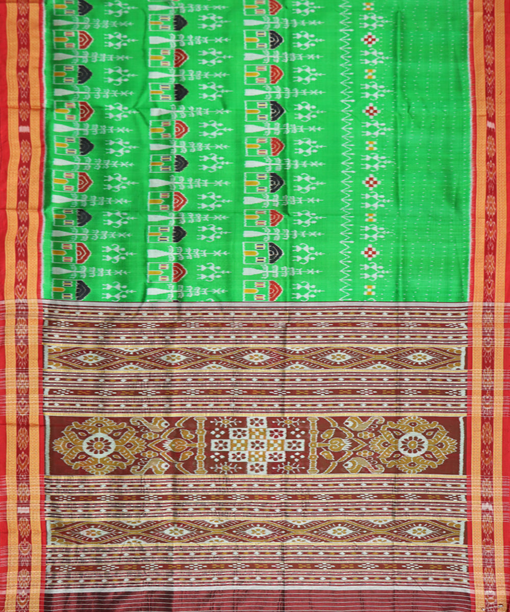Lime green red silk handwoven khandua saree