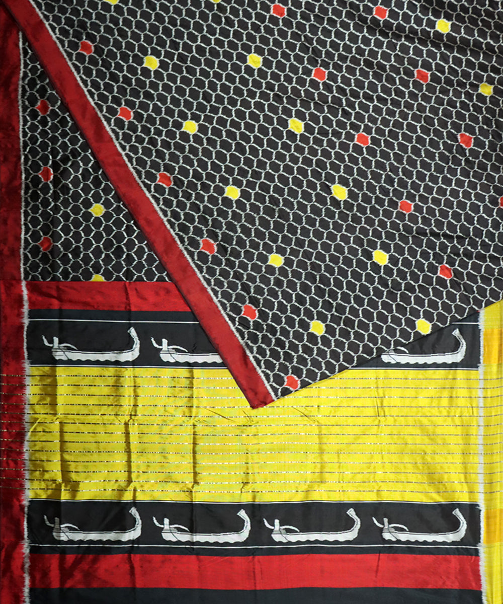 Black maroon yellow silk handloom khandua saree