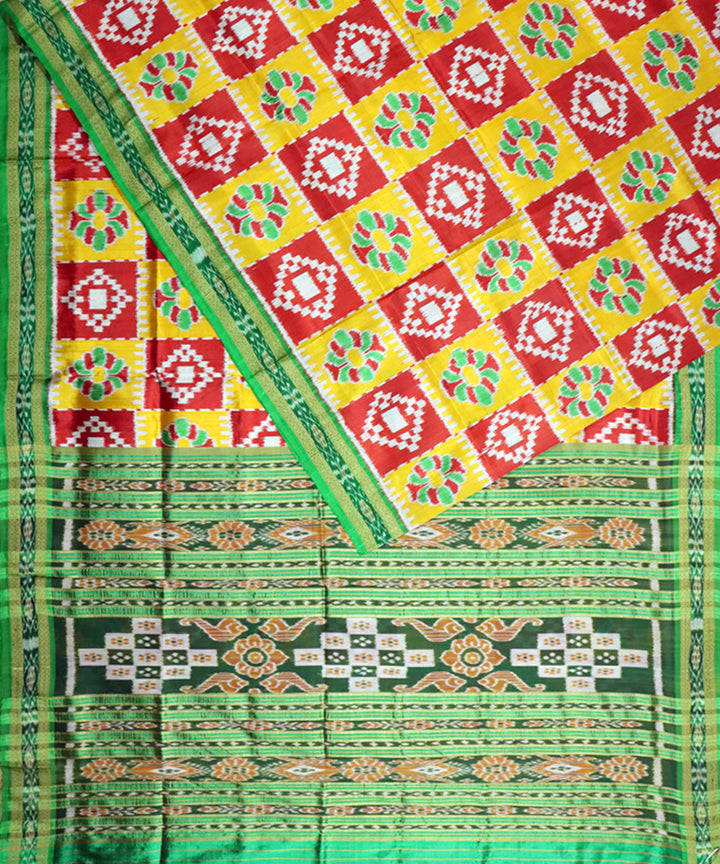 Yellow red green silk handloom khandua saree