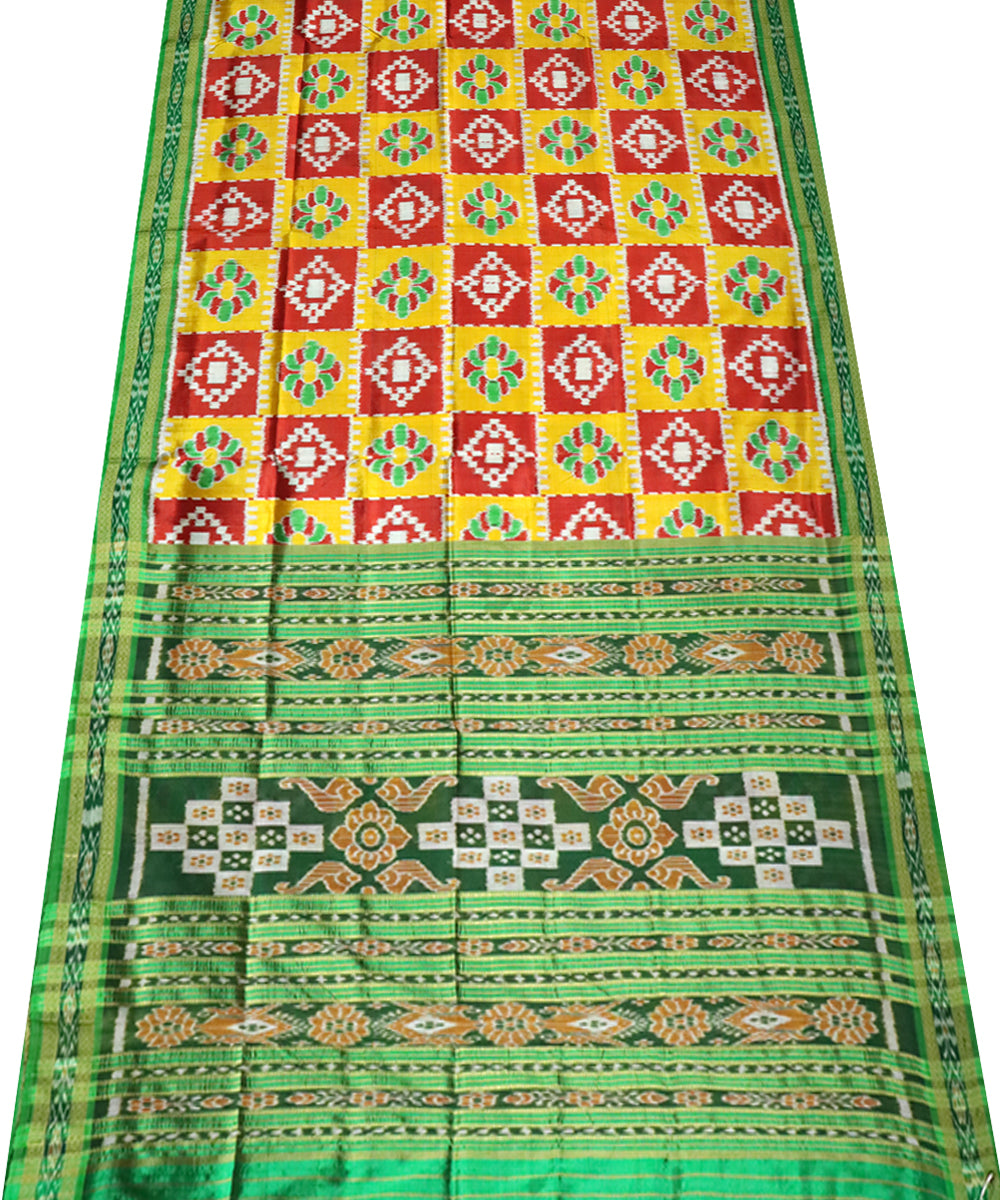 Yellow red green silk handloom khandua saree