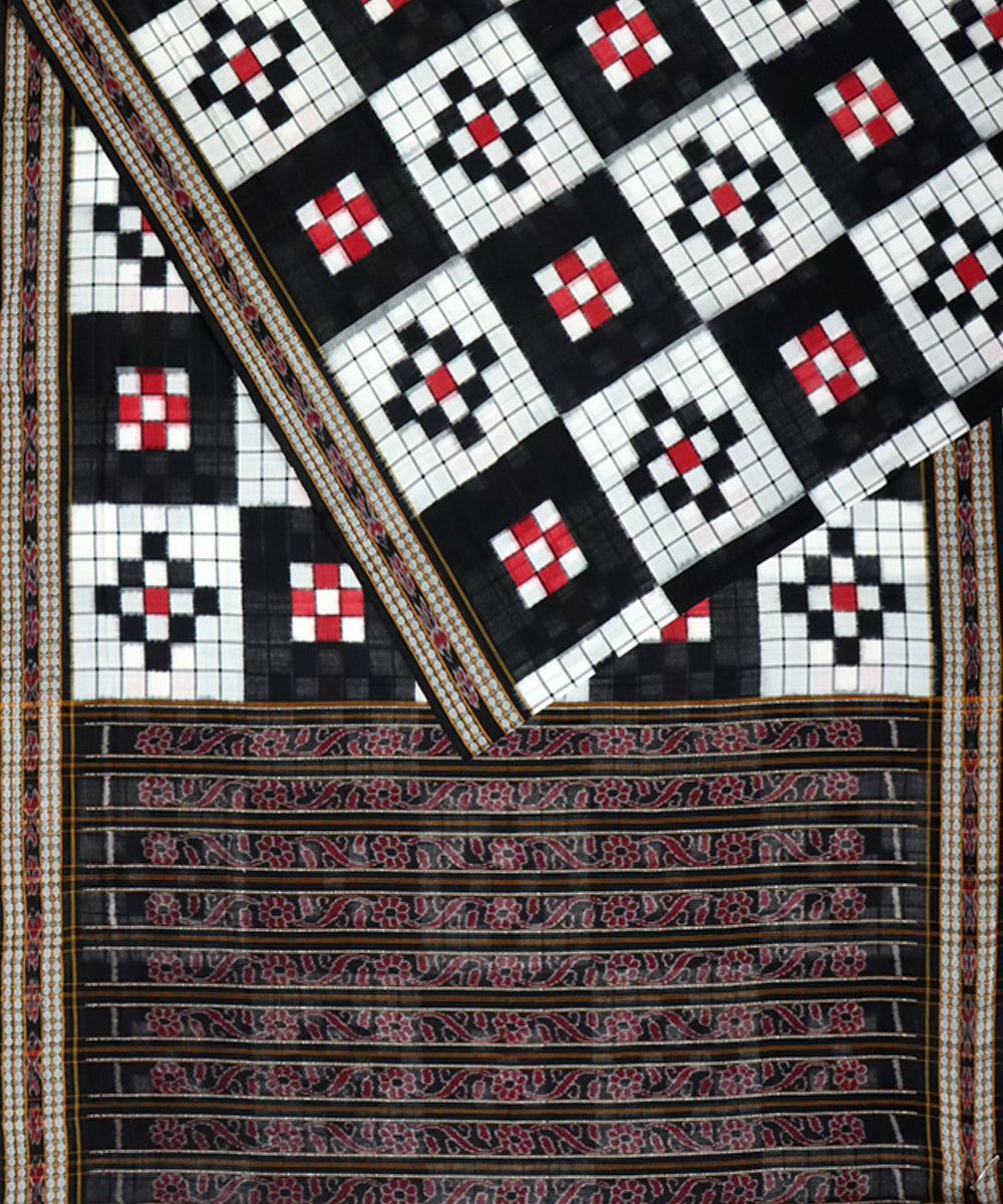 Offwhite black cotton double ikat sambalpuri handloom saree