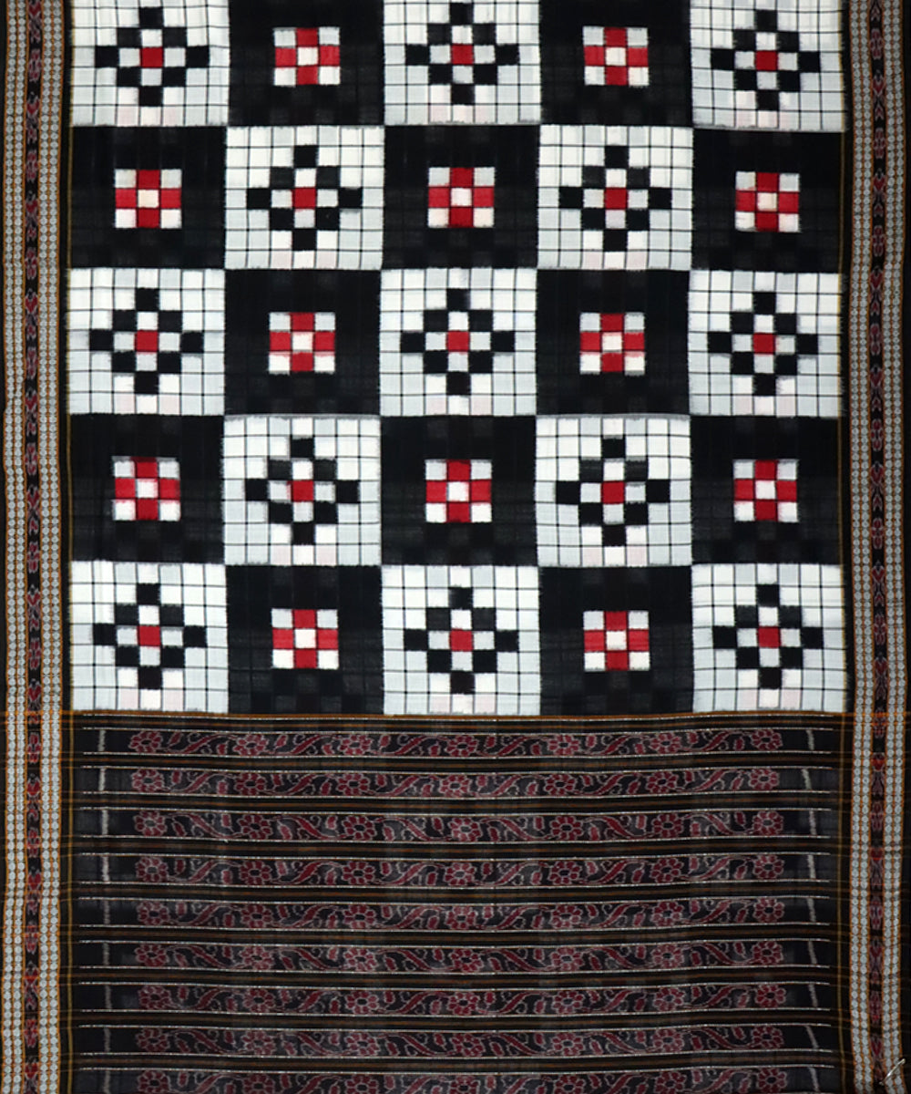 Offwhite black cotton double ikat sambalpuri handloom saree