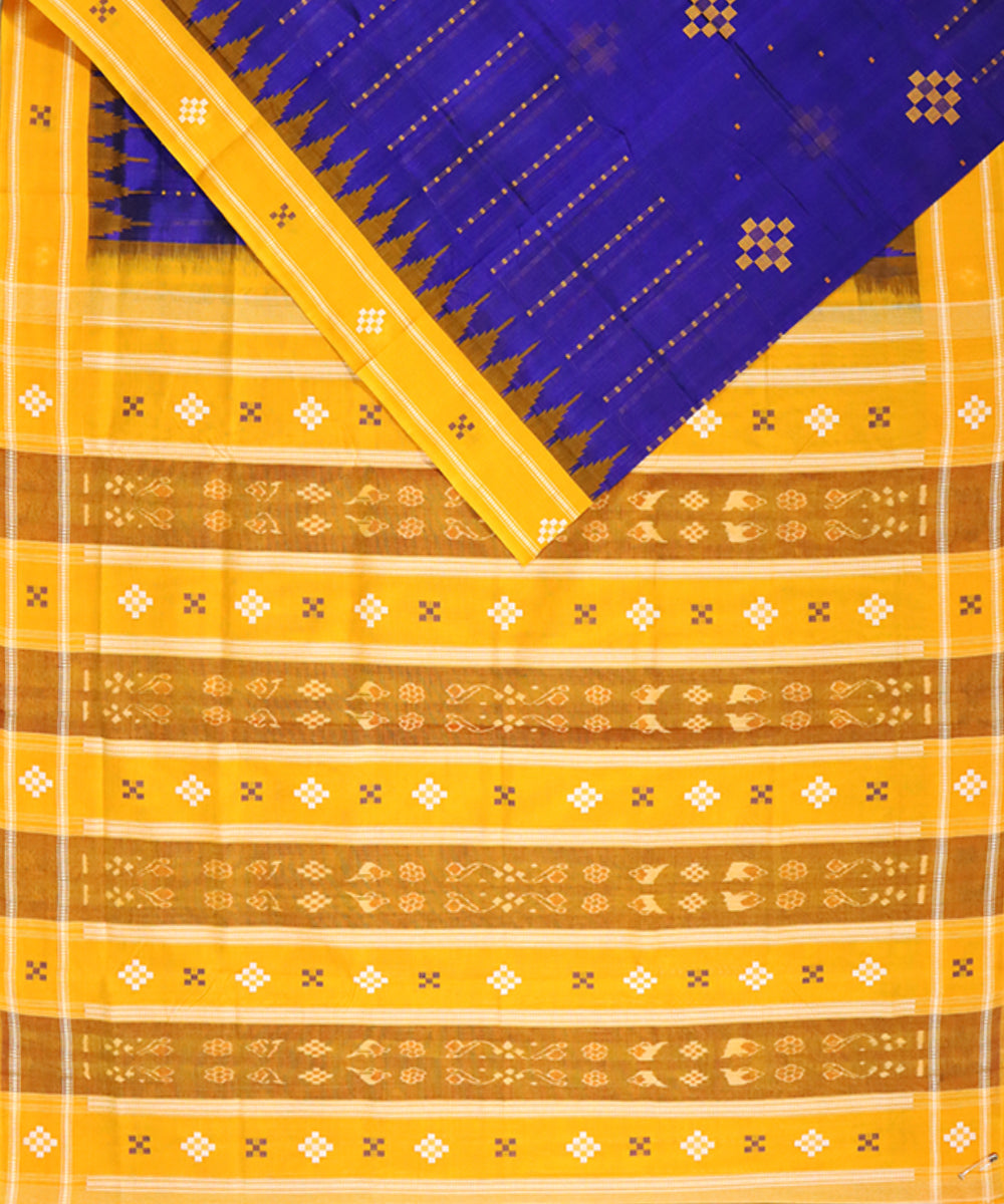 Navy blue yellow cotton silk handloom bomkai saree