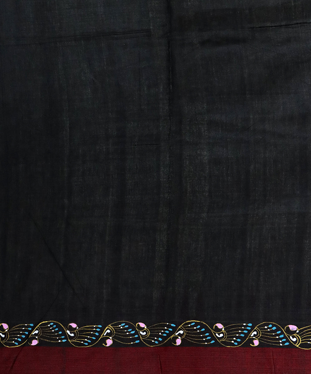 Beige black maroon tussar silk hand printed saree