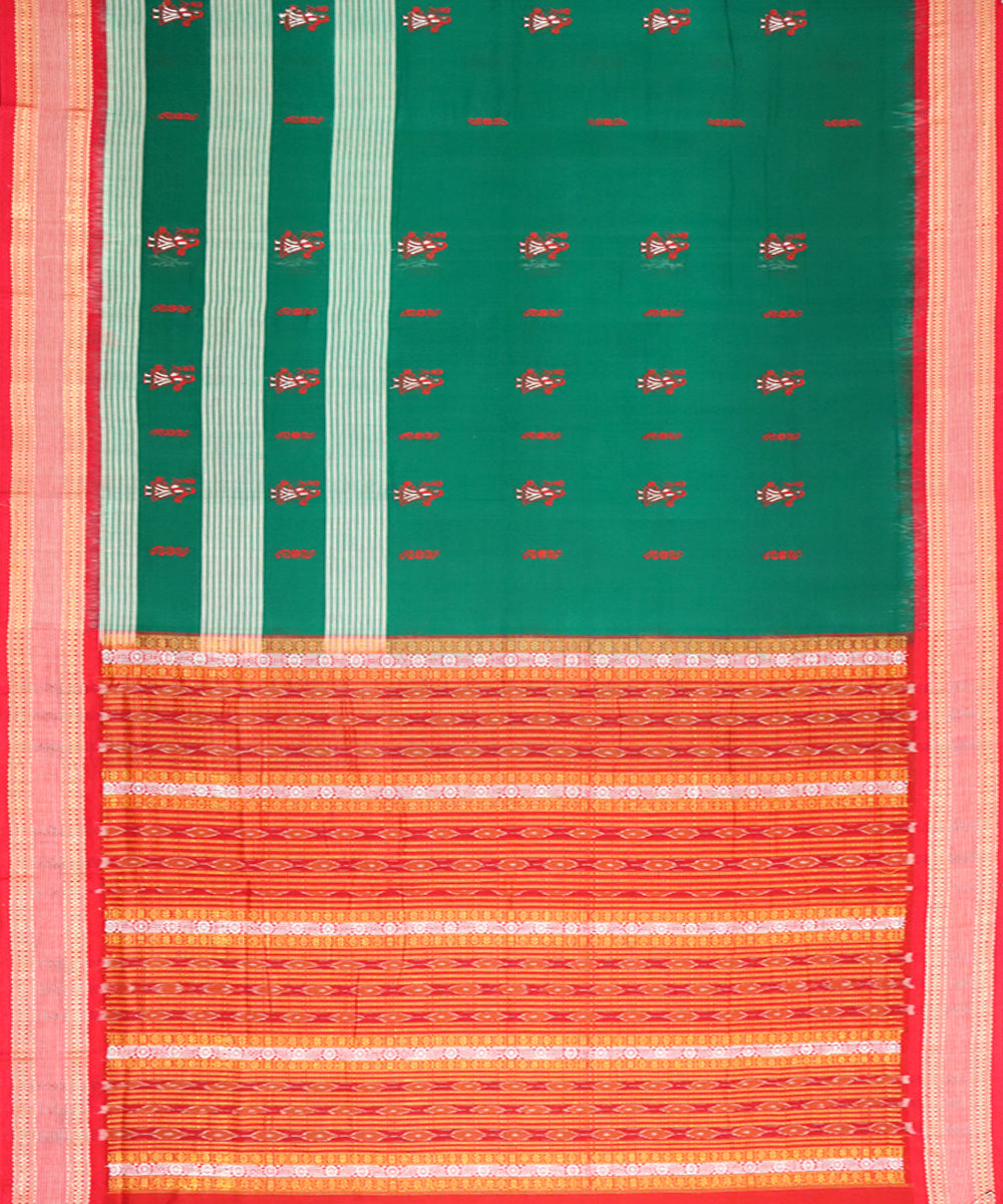 Dark green red cotton handloom bomkai saree