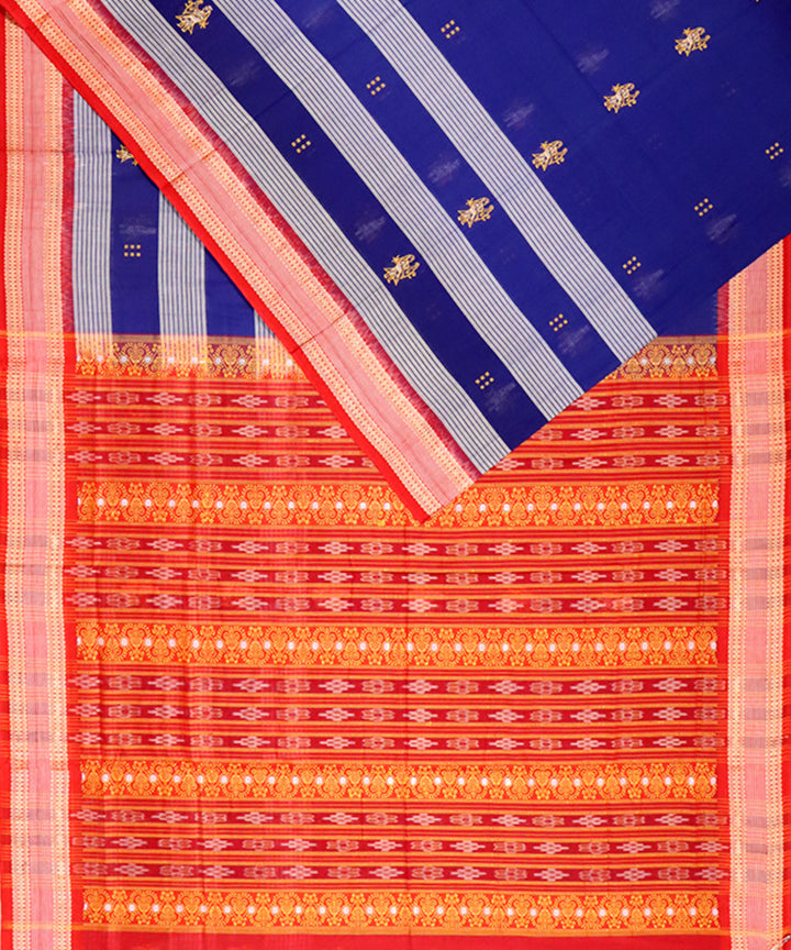 Navy blue red handloom bomkai cotton saree