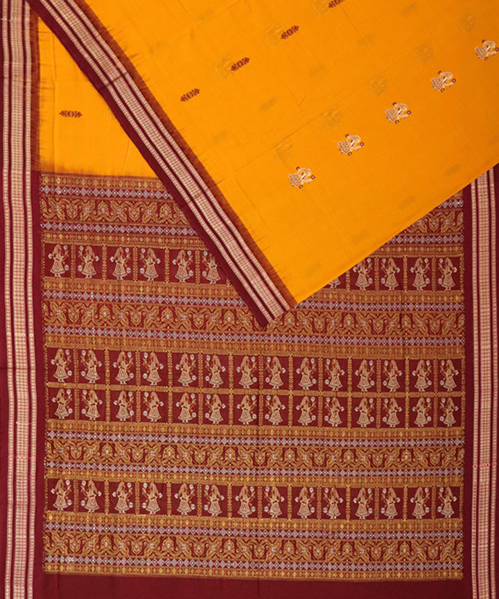 Yellow maroon bomkai cotton handloom saree