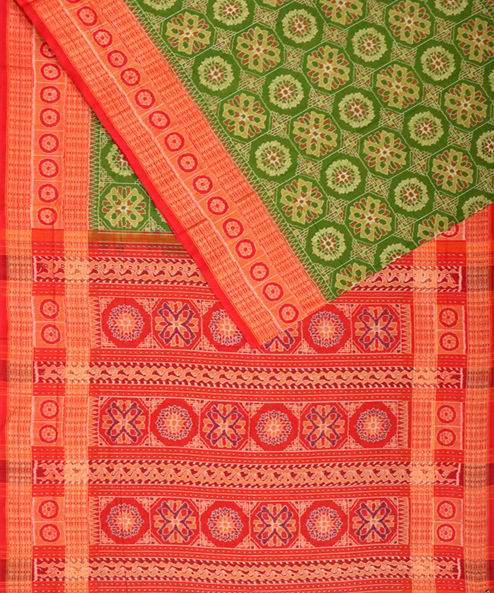 Olive green red cotton handloom sambalpuri saree