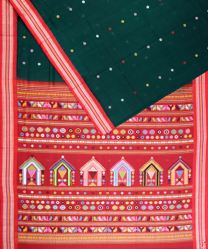Dark green red cotton handloom bomkai saree