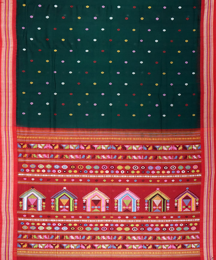 Dark green red cotton handloom bomkai saree