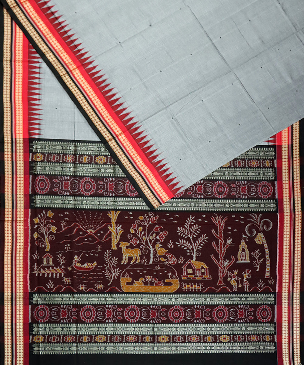 Grey black cotton silk handloom sambalpuri saree