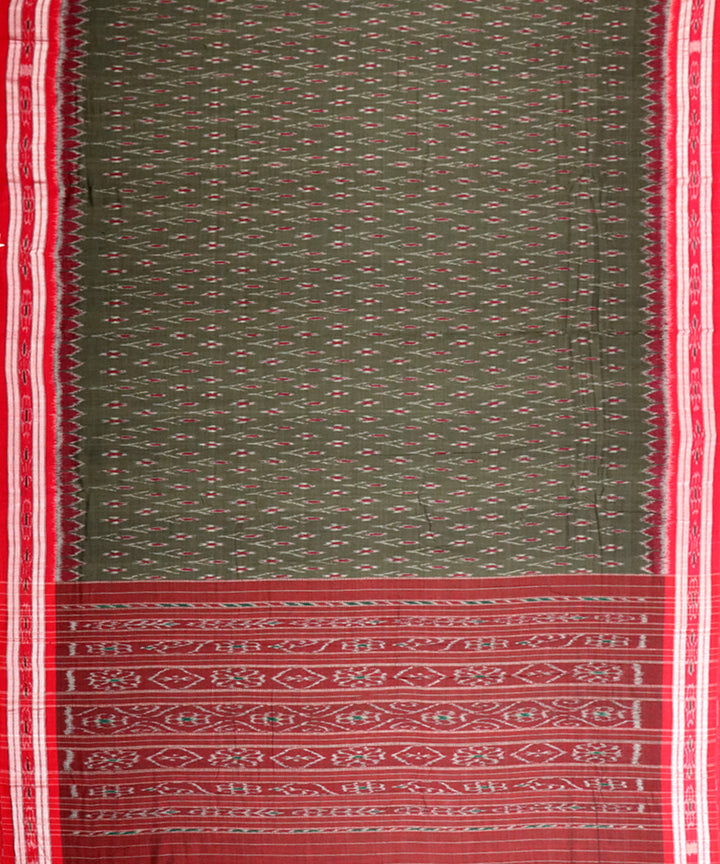 Moss green Red Cotton Handloom Nuapatna Saree
