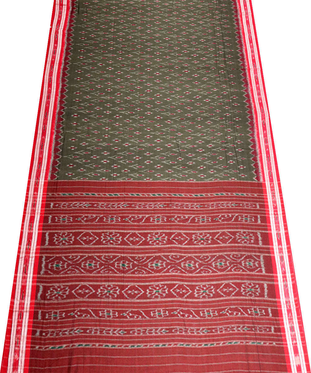 Moss green Red Cotton Handloom Nuapatna Saree