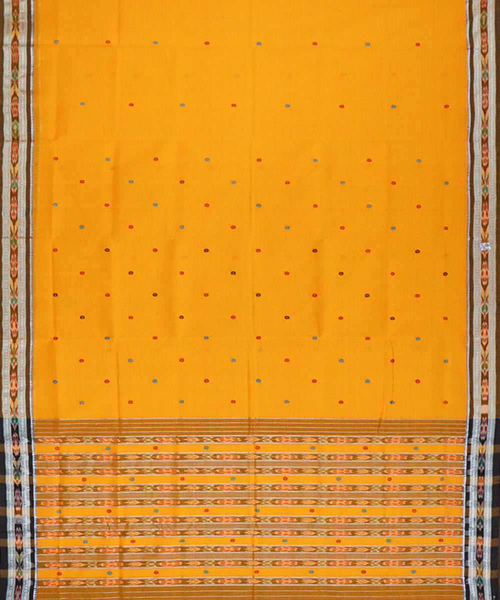 Yellow bistre brown cotton handloom saree