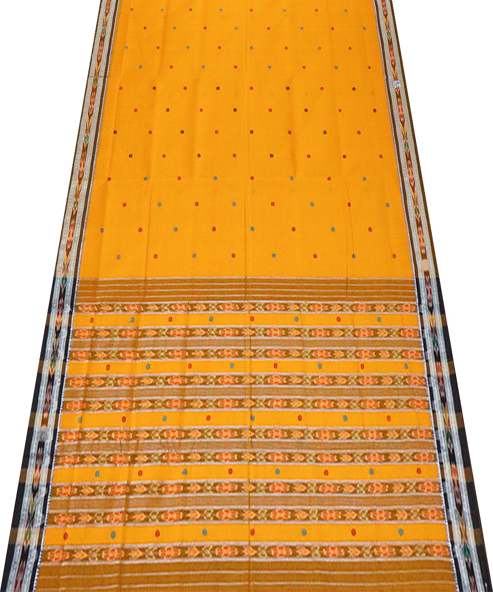 Yellow bistre brown cotton handloom saree