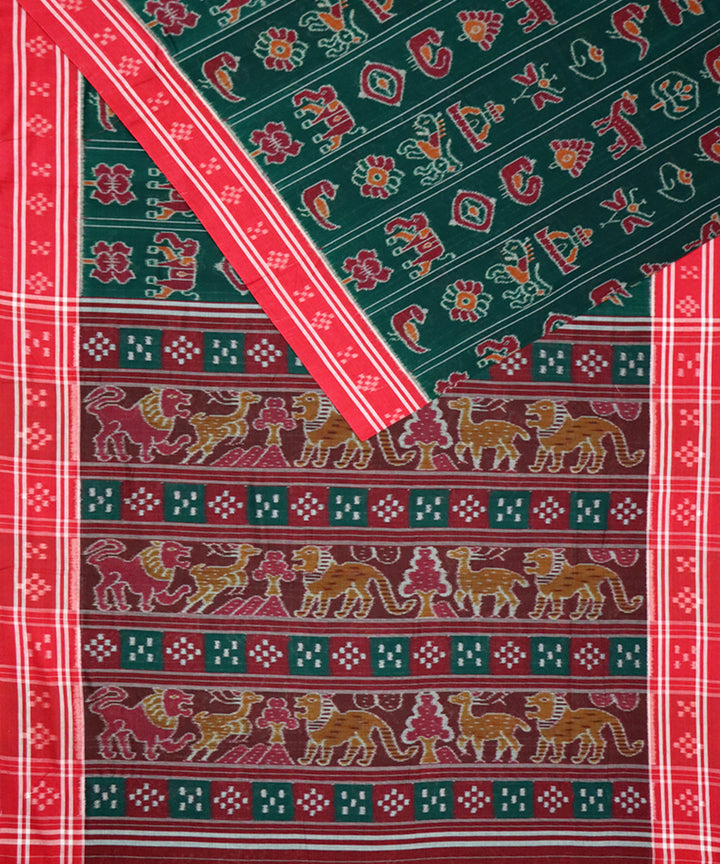 Bottle green red cotton handloom nuapatna saree