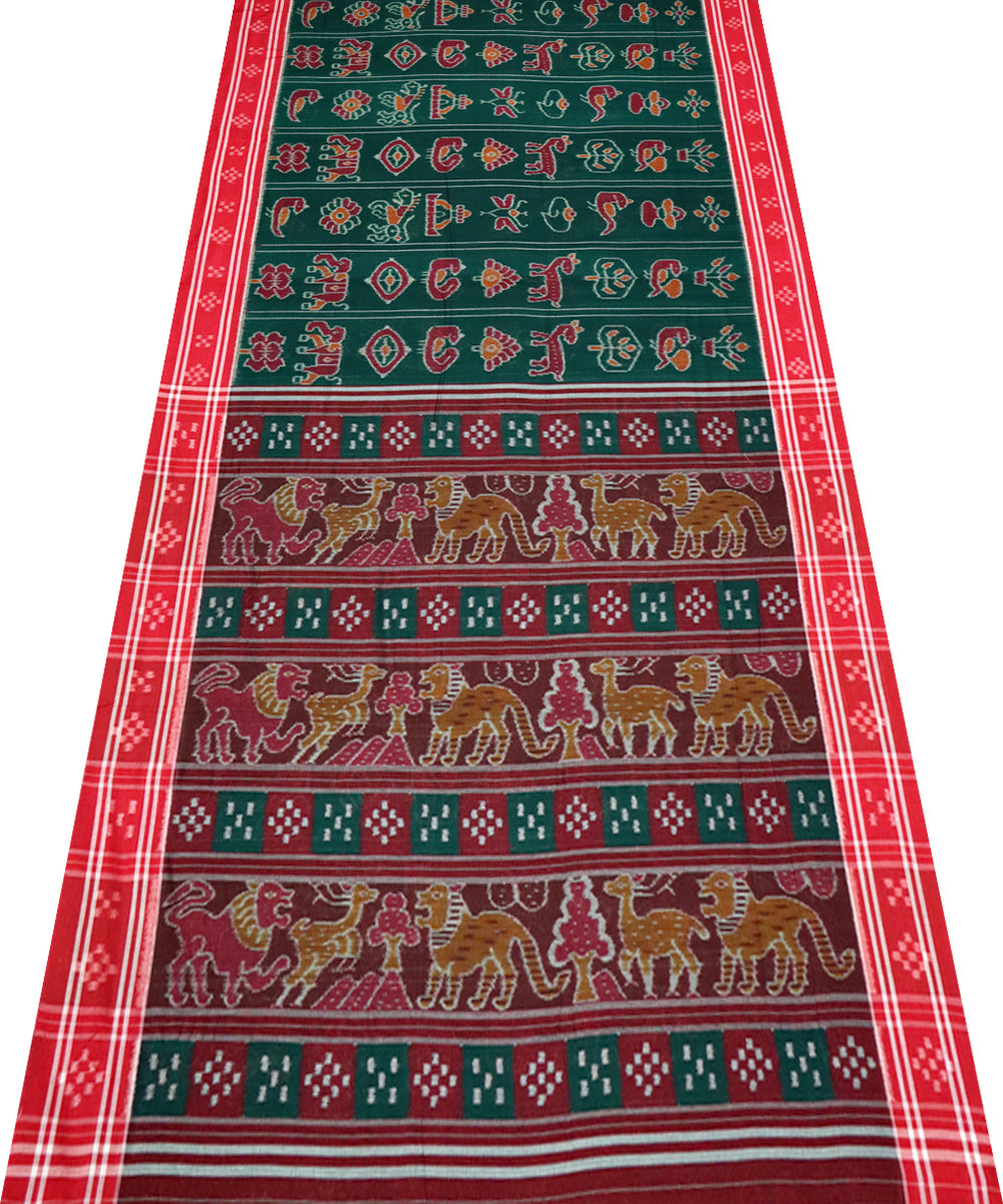 Bottle green red cotton handloom nuapatna saree