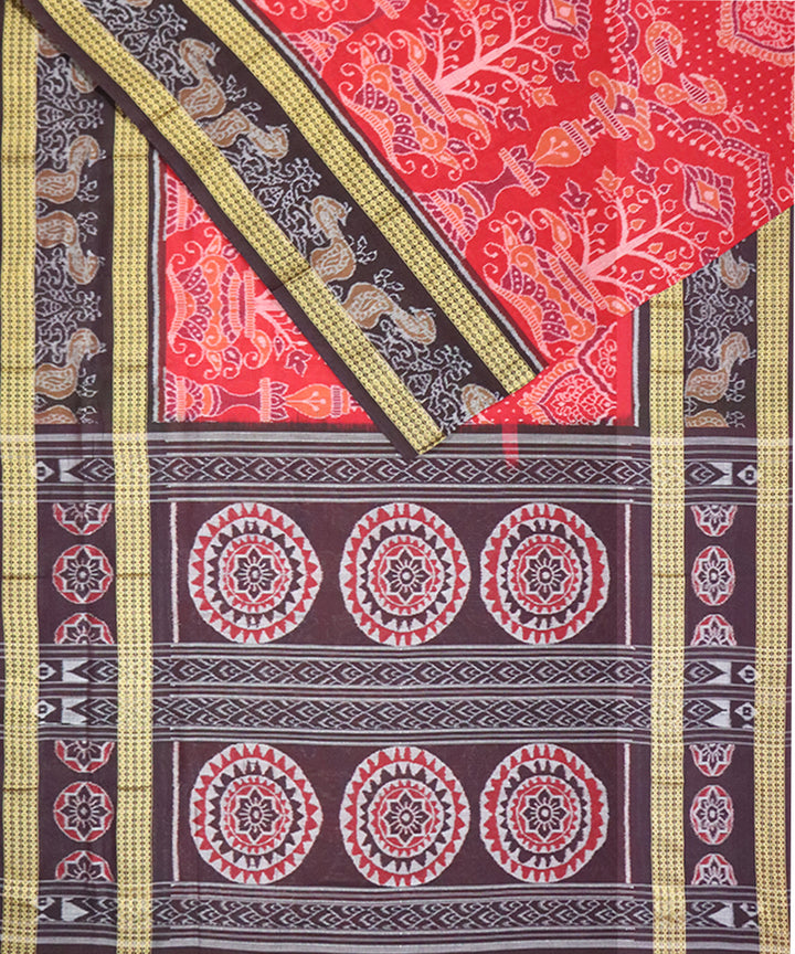 Red dark brown cotton handloom sambalpuri saree