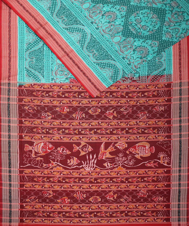 Caribbean green red cotton handloom sambalpuri saree