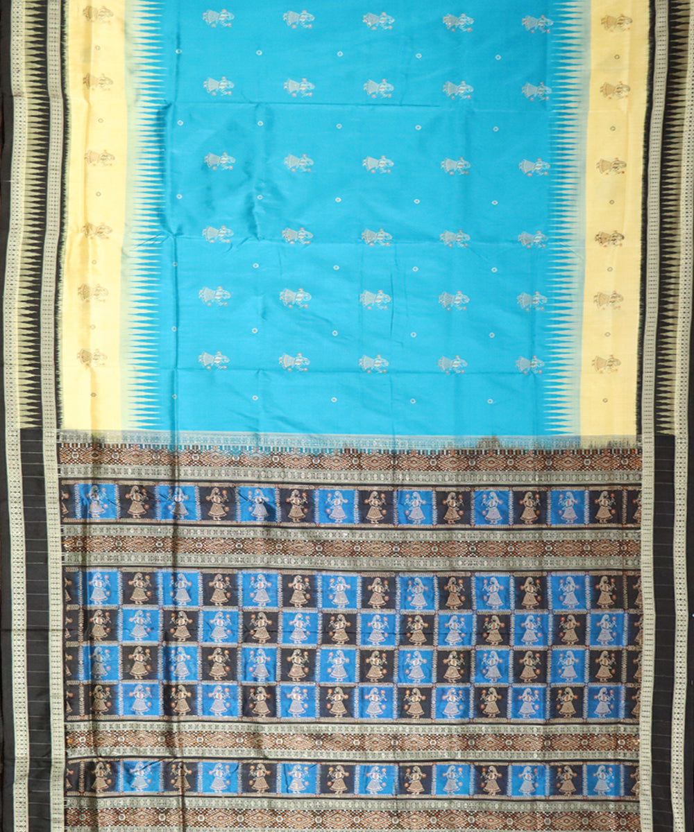 Sky blue black silk handloom bomkai saree