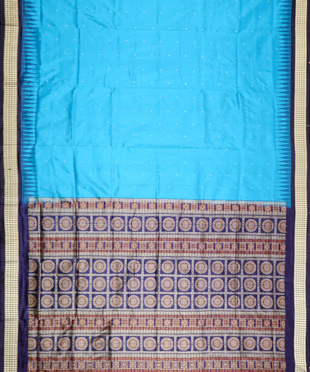 Cyan dark blue silk handloom bomkai saree