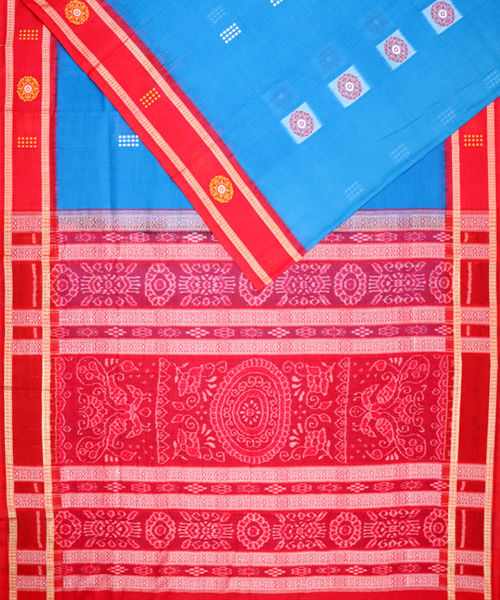 Sky blue red cotton handloom bomkai saree