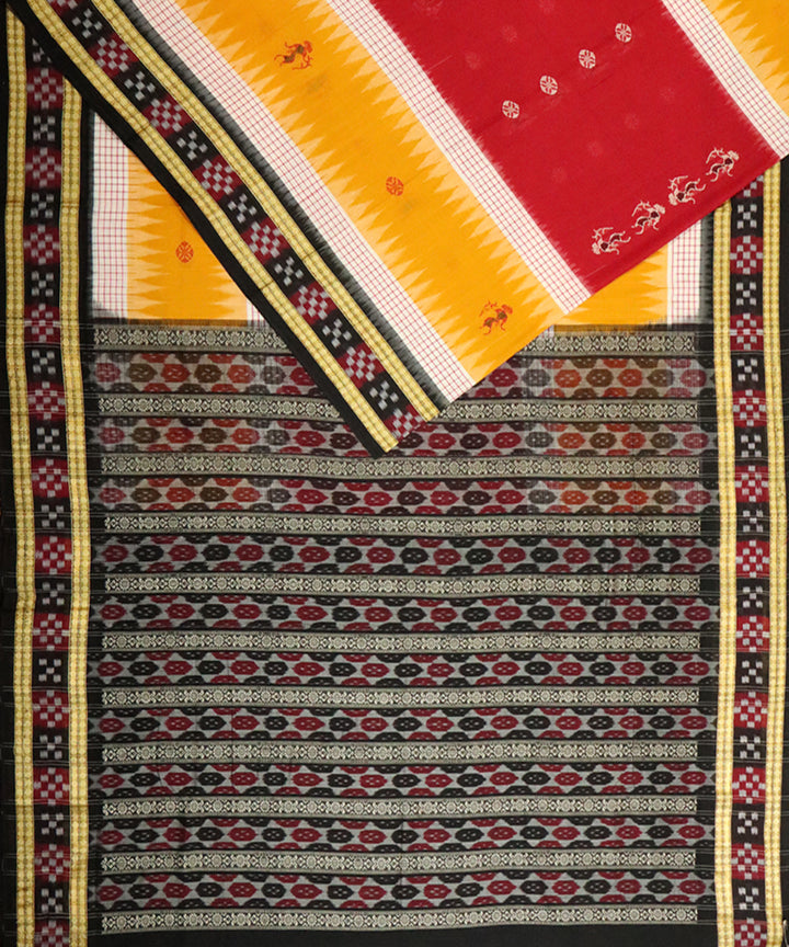 Yellow red black cotton handloom bomkai saree