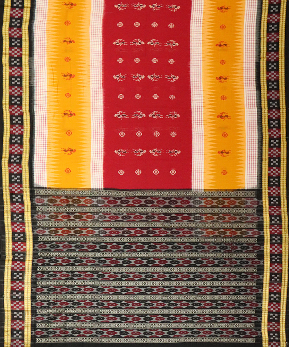 Yellow red black cotton handloom bomkai saree