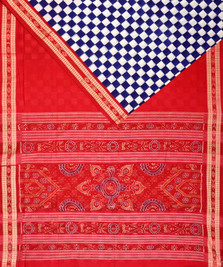 Blue checks red cotton handloom sambalpuri saree