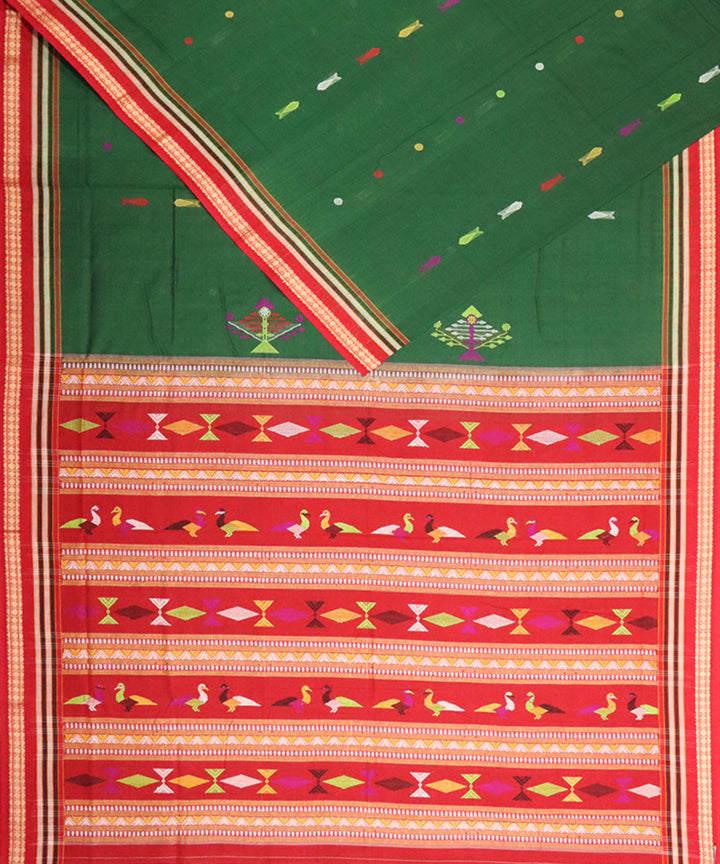 Dark green red handloom bomkai cotton saree