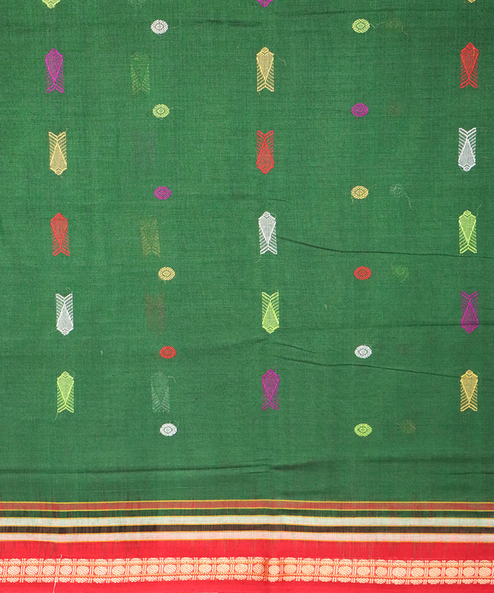 Dark green red handloom bomkai cotton saree