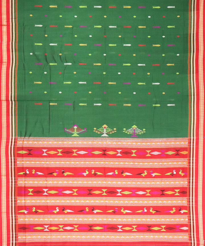 Dark green red handloom bomkai cotton saree