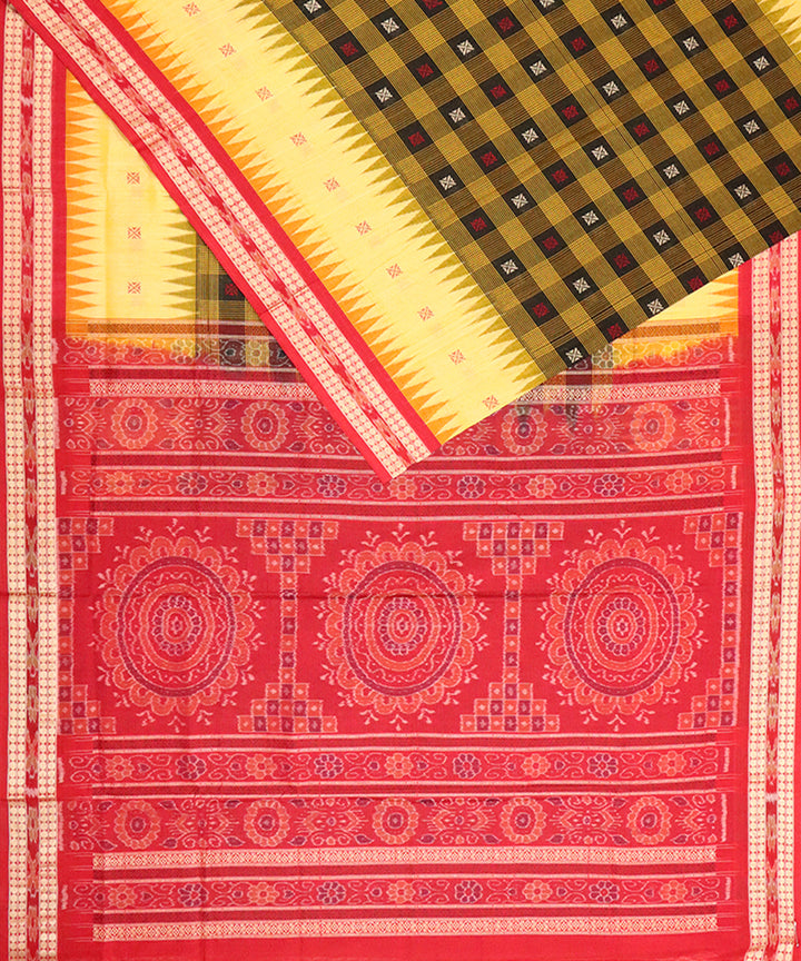 Yellow red cotton handloom bomkai saree