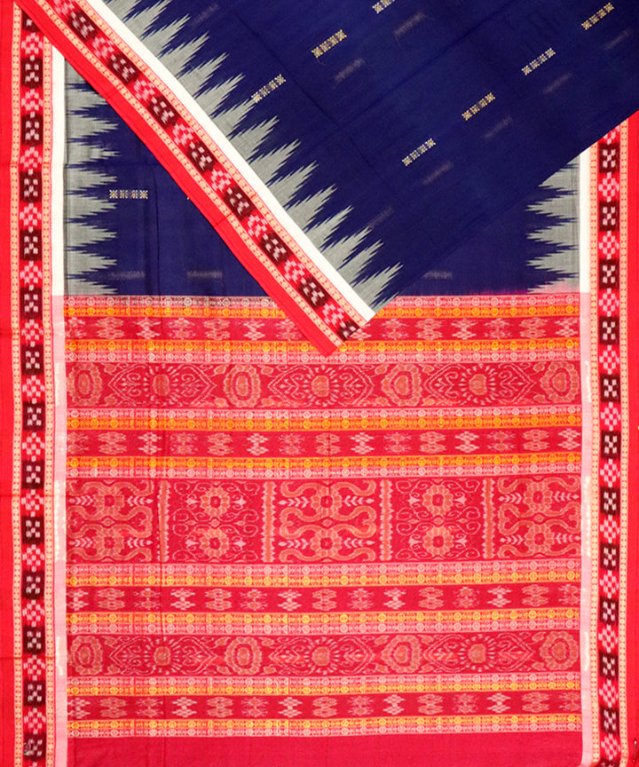 Navy blue red bomkai cotton handloom saree