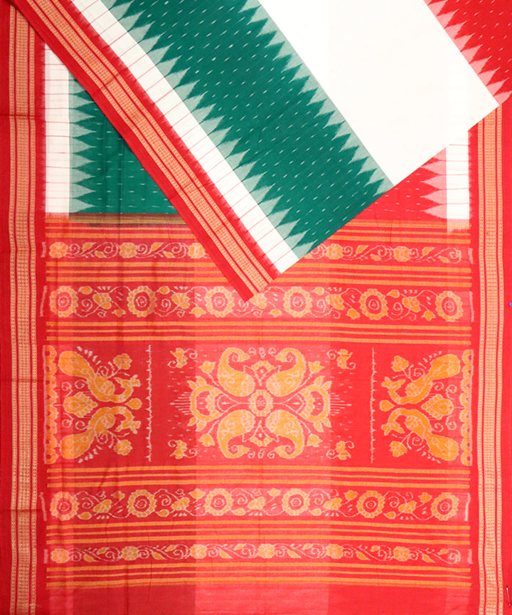 Light green offwhite red cotton handloom sambalpuri saree