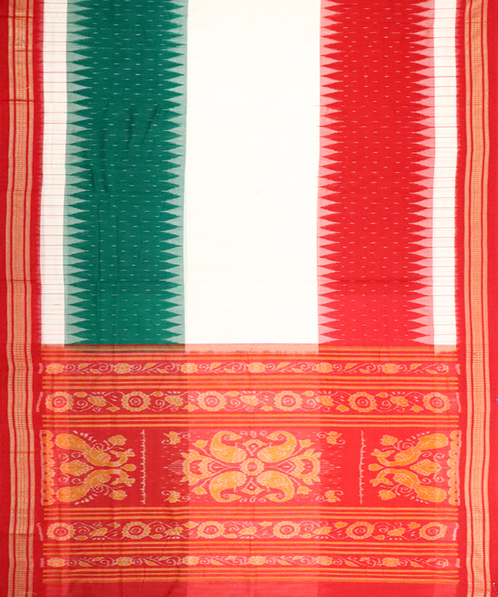 Light green offwhite red cotton handloom sambalpuri saree