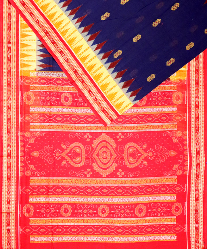 Navy blue red yellow cotton handloom bomkai saree