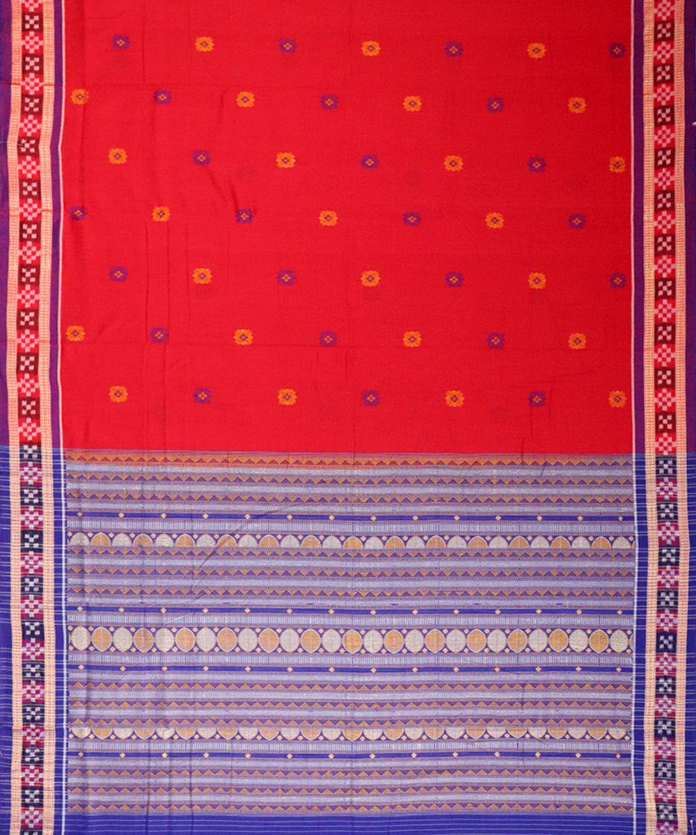 Red navy blue bomkai cotton handloom saree