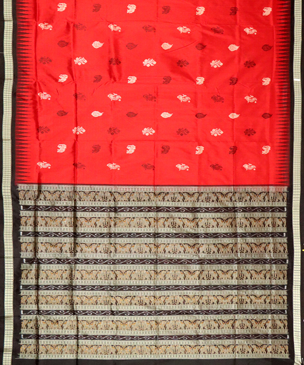 Red black handwoven bomkai silk saree