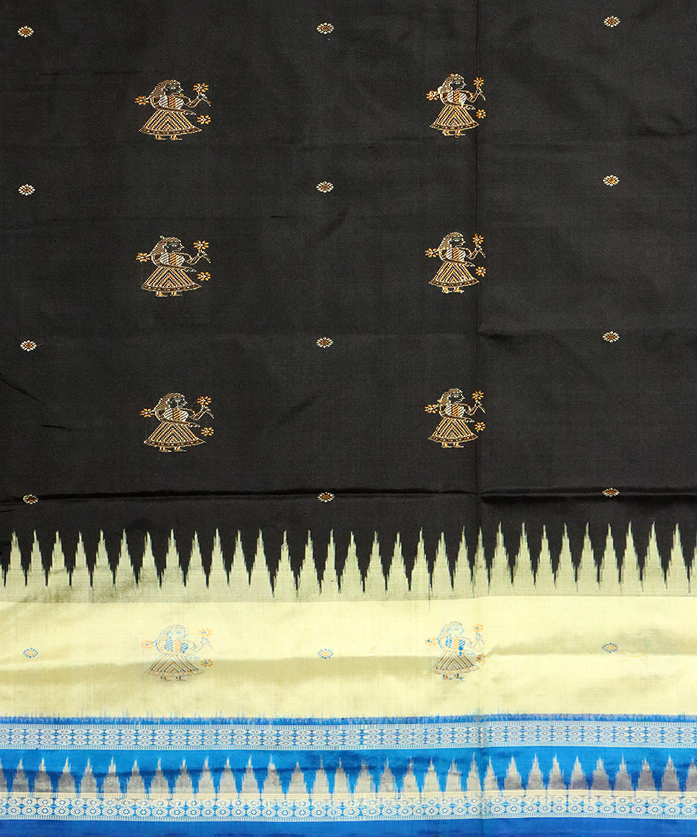 Black sky blue silk handloom bomkai saree