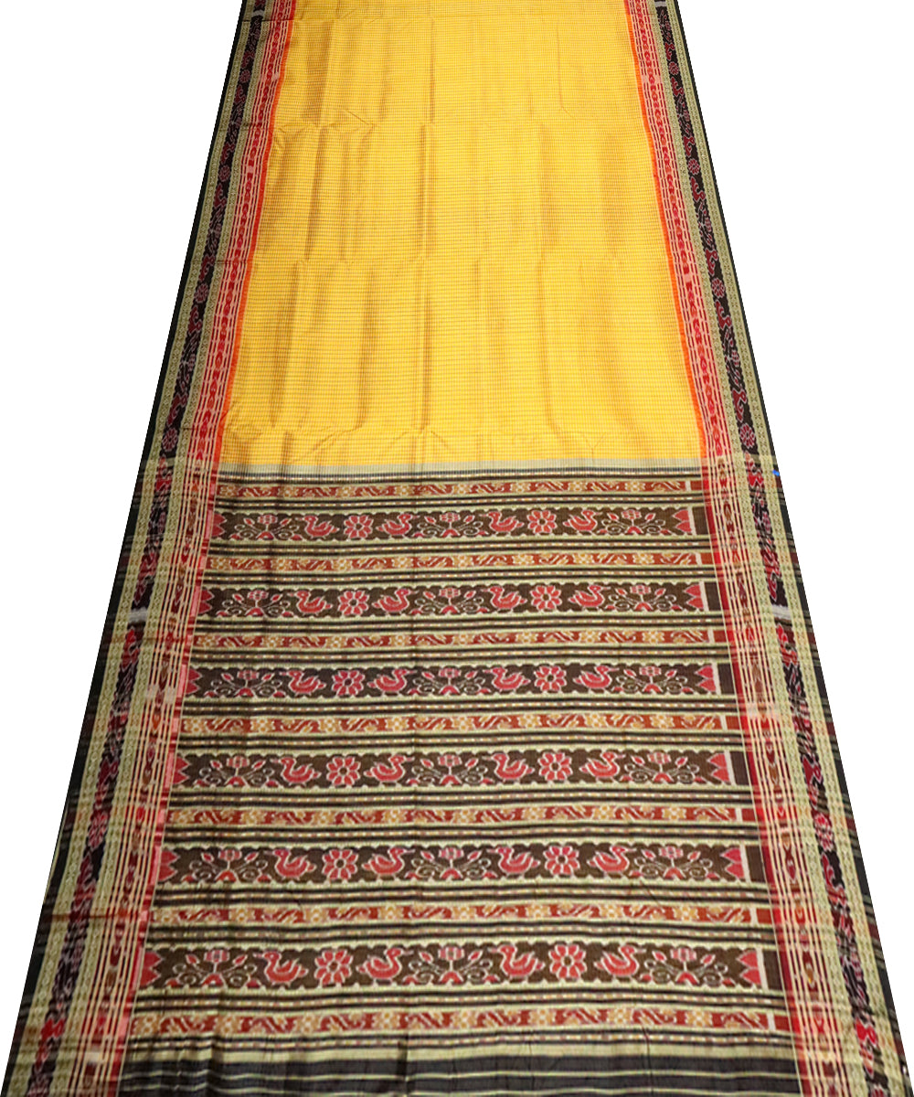 Yellow black checks silk handloom khandua saree