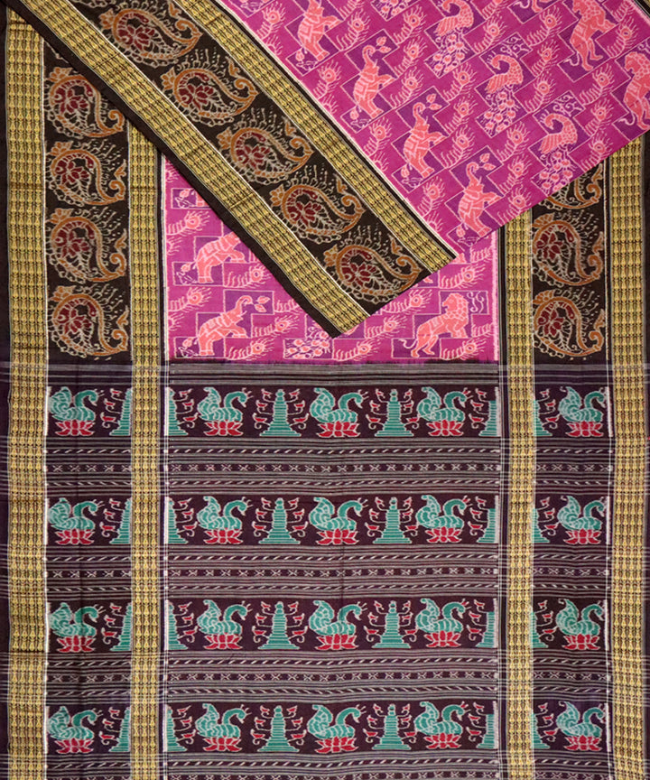 Fuchsia rose black cotton handloom sambalpuri saree