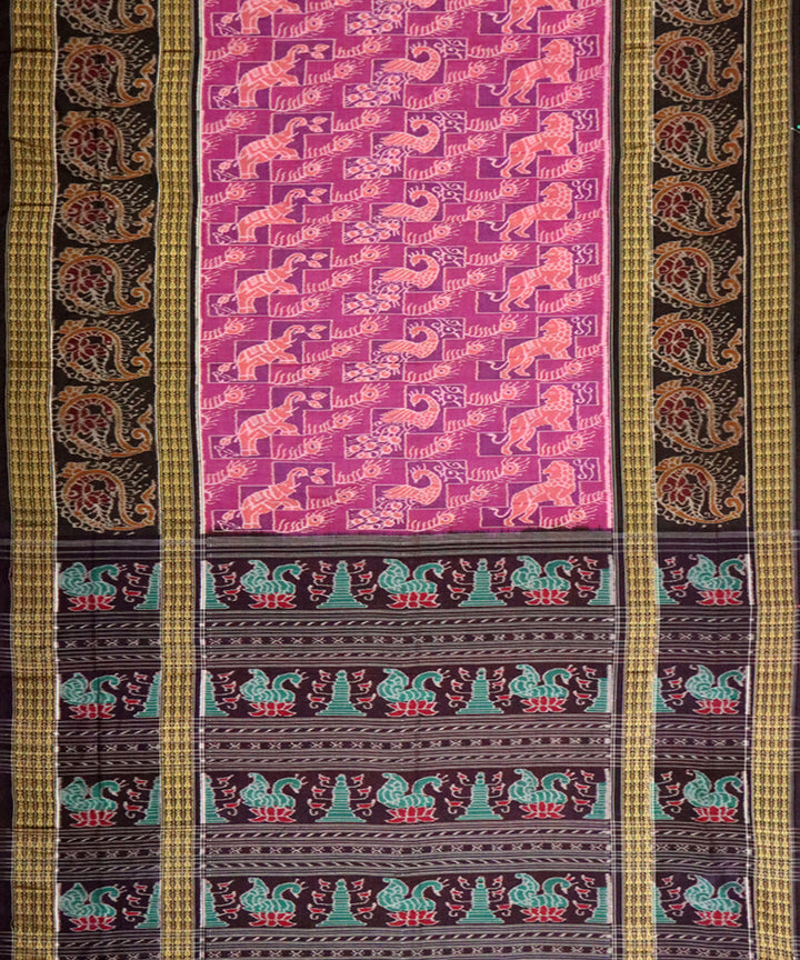 Fuchsia rose black cotton handloom sambalpuri saree