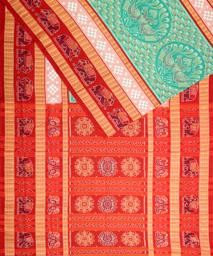 Mint green red cotton handloom sambalpuri saree