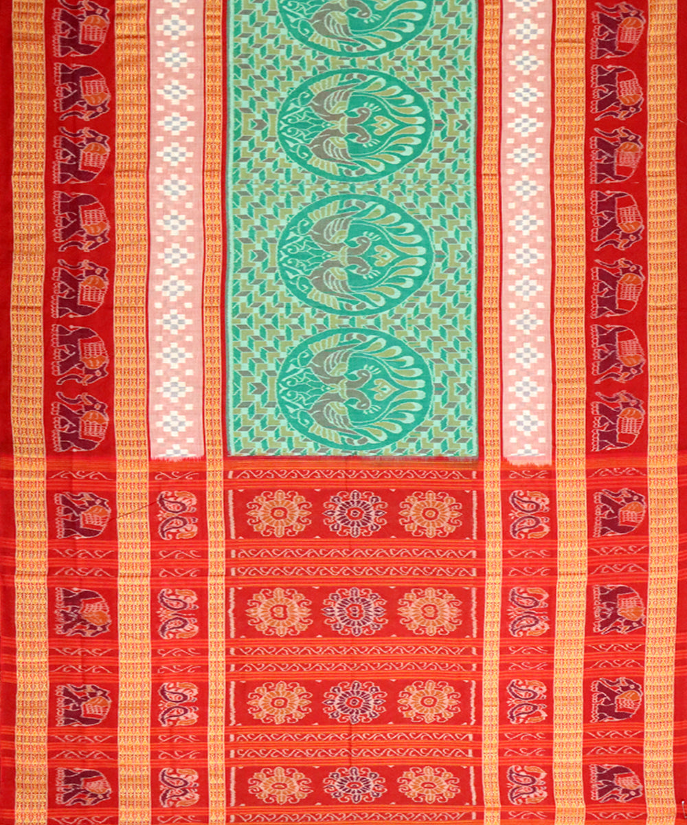 Mint green red cotton handloom sambalpuri saree